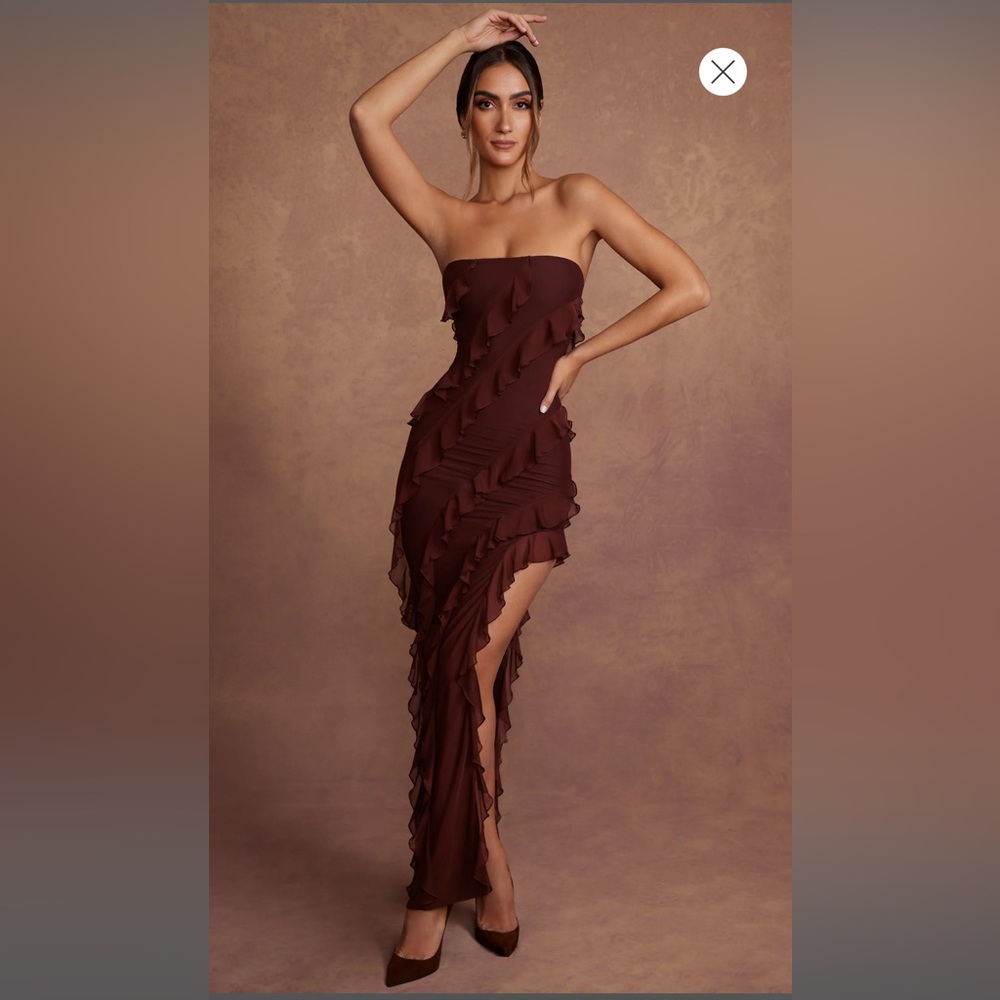 Oh Polly Nevali Bandeau Ruffle Detail Maxi Dress in Brown